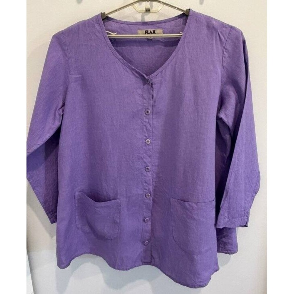 Flax Button Up Pocket Tunic Shirt Jacket Long Sleeve Purple 100% Linen Size L